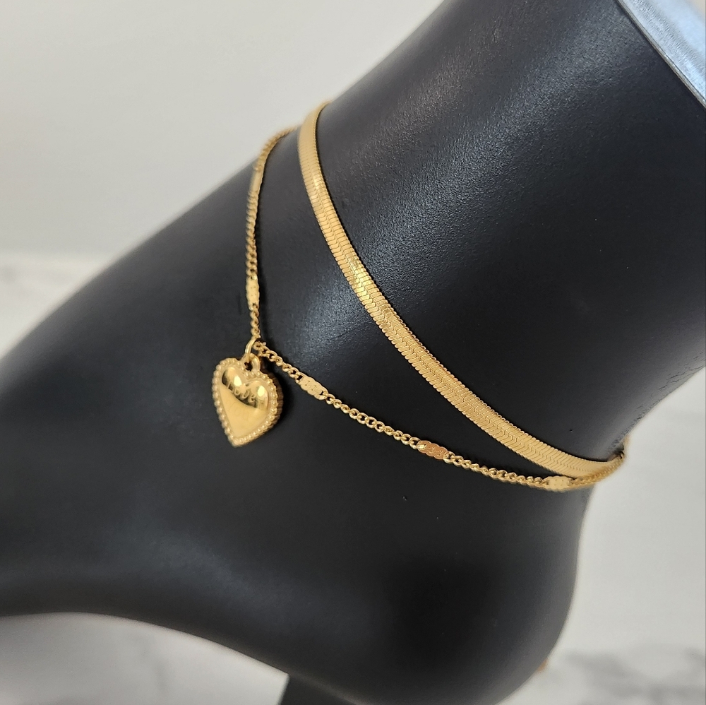 Gold Layered Anklet Herringbone Chain Heart Charm 18K Plated Adjustable - Picture 3 of 13